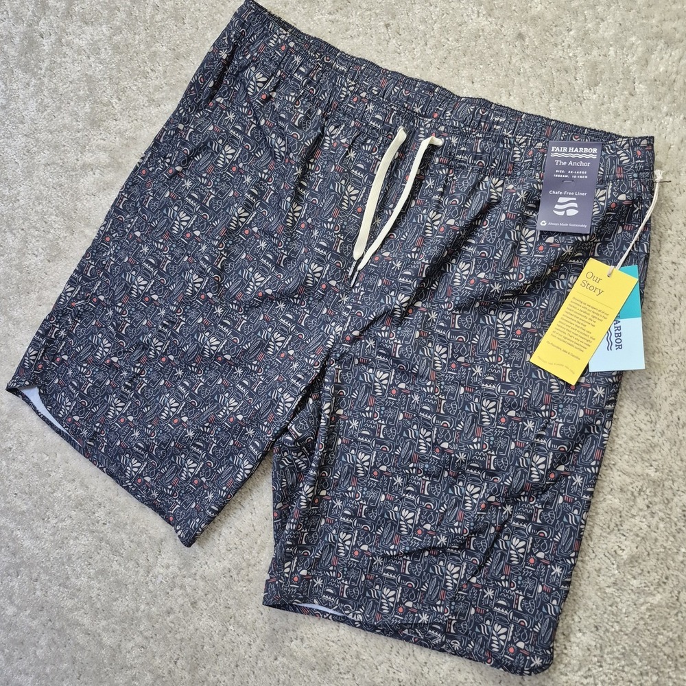 FAIR HARBOR Mens Anchor Swim Trunks Mens 3XL Blue Nautical Lined Surf Swim New